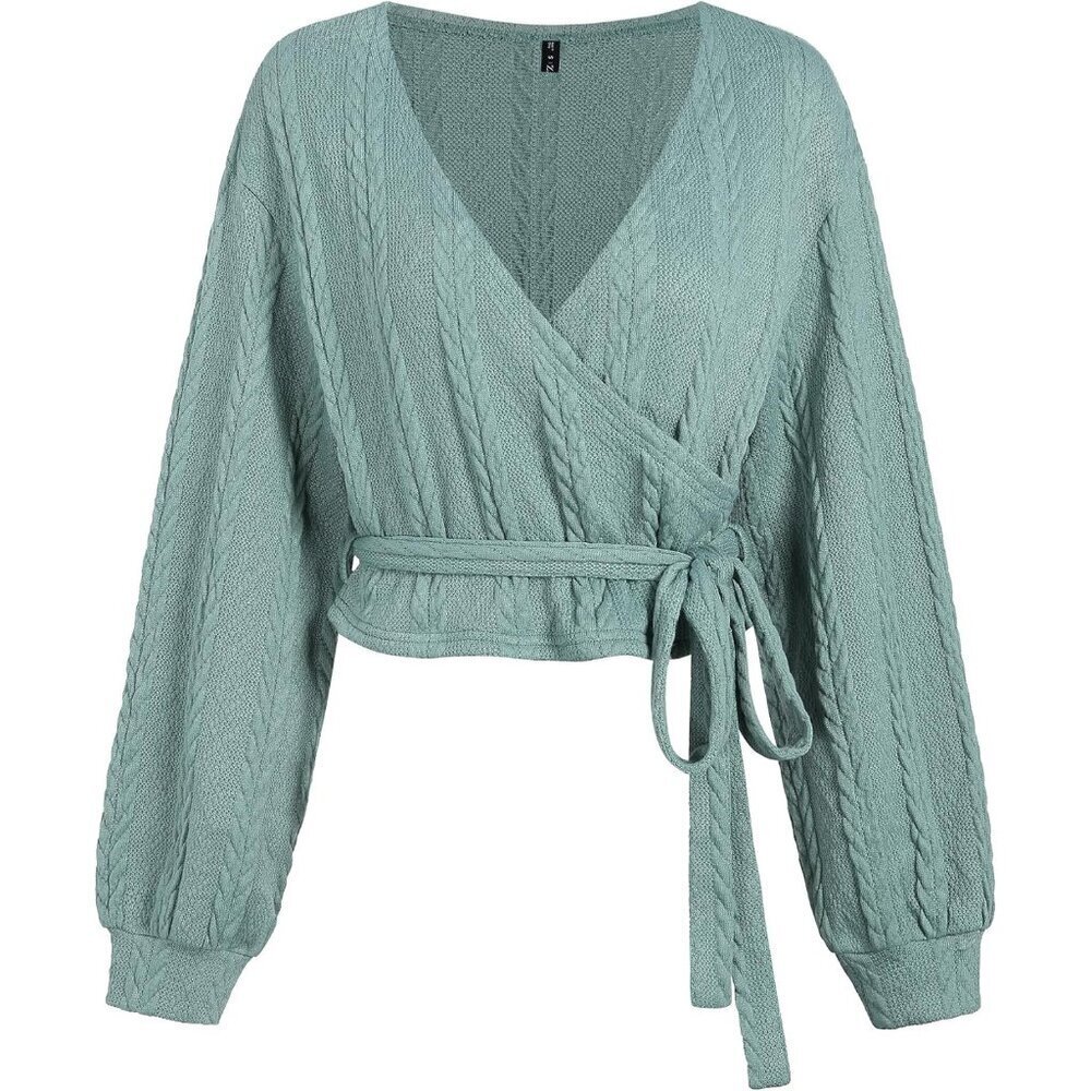 Women's V Neck Cable Knit Sweater Cropped Long Sleeve Pullover Casual